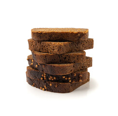 Black rye bread isolated, dark brown sliced loaf, sourdough borodinsky rugbrod square slices
