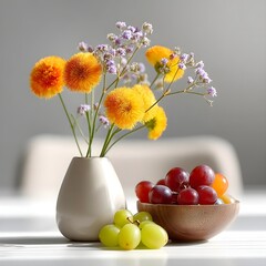 Vibrant floral arrangement with fresh fruit on a table