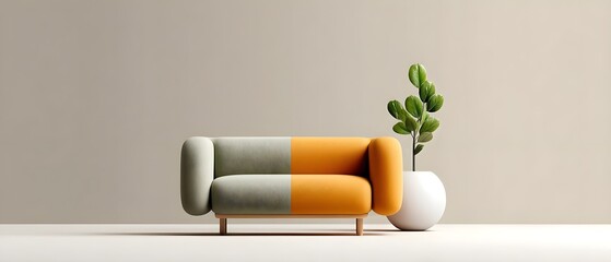 Modern sofa with vibrant colors and potted plant in minimalist setting