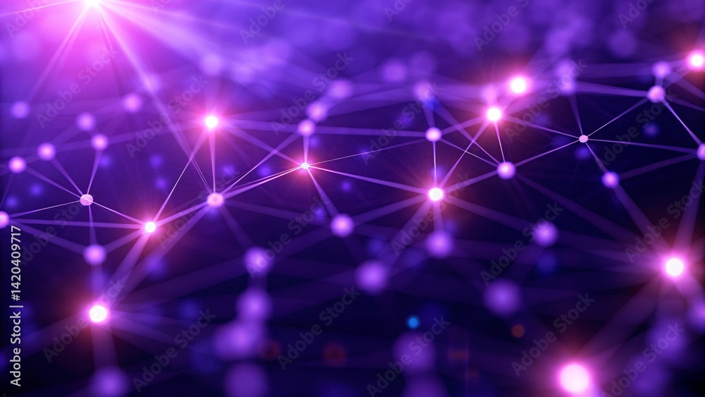 Poster Purple technology background with glowing connected dots, digital data stream flowing in cyberspace, futuristic abstract mesh design for innovation, ai, and virtual network solutions