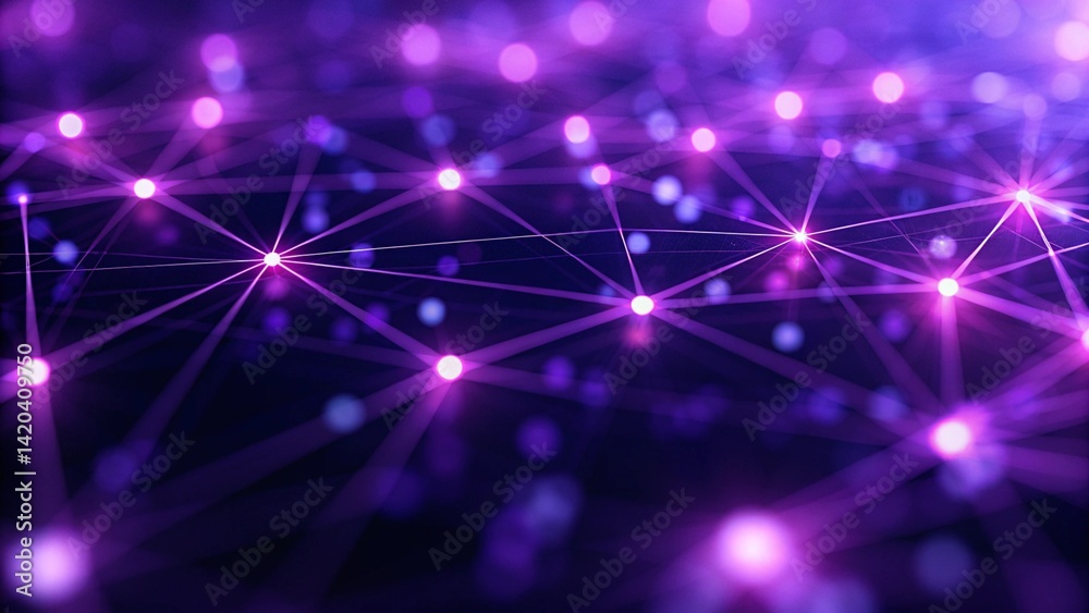 Poster Purple technology background with glowing connected dots, digital data stream flowing in cyberspace, futuristic abstract mesh design for innovation, ai, and virtual network solutions