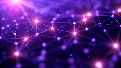 Purple technology background with glowing connected dots, digital data stream flowing in cyberspace, futuristic abstract mesh design for innovation, ai, and virtual network solutions