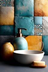 Elegant bathroom decor with textured tiles and accessories