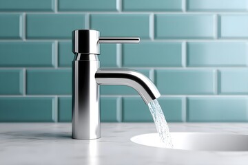 Modern faucet with flowing water against teal backsplash