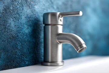 Modern stainless steel faucet against textured blue wall