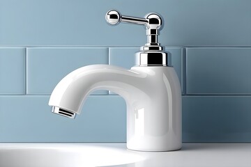 Modern white faucet with chrome details against blue tiles