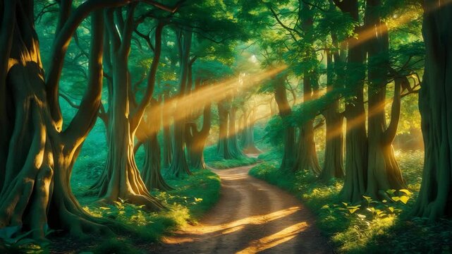 A trail bordered by leafy trees for decorative background design