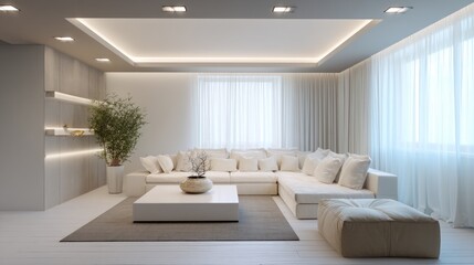 Modern minimalist gallery-style living room with built-in ceiling lights 