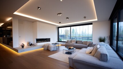 Modern minimalist gallery-style living room with built-in ceiling lights 