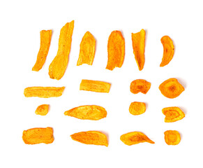 Dry carrot chips isolated, dried sliced red vegetable, healthy crispy snack flakes pile