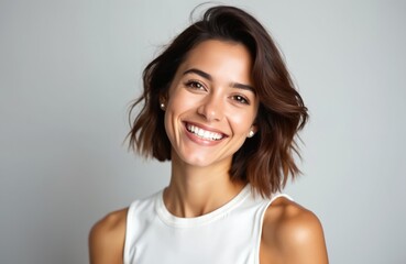 Beautiful young latin hispanic woman smiles widely showing healthy white teeth. Ideal for dental ad, beauty, health, wellness concepts. Perfect smile, glowing skin, positive emotion, beauty,