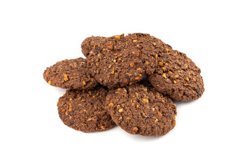Chocolate oatmeal cookies, healthy cereal oat crackers with nuts, crispy homemade cookie with cocoa powder