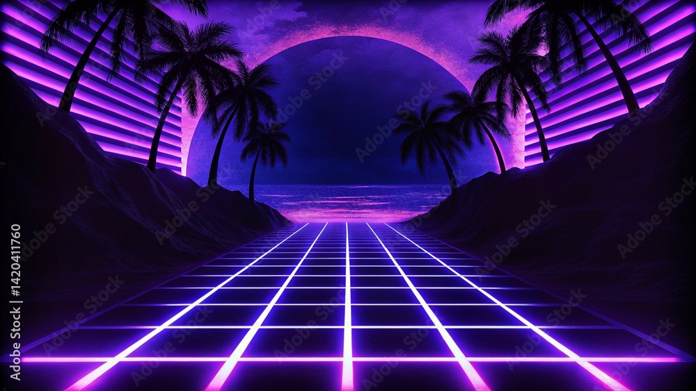 Poster 3d render. geometric figure in neon light against a dark tunnel. laser glow. futuristic background w