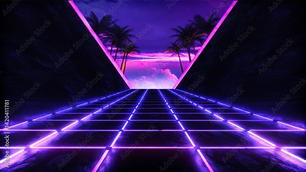 Poster 3d render. Geometric figure in neon light against a dark tunnel. Laser glow. Futuristic background with glowing shapes, sci-fi ambiance, and abstract technology-inspired environment.