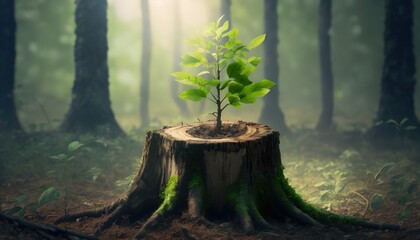 A young sapling grows from the center of a moss-covered tree stump in a misty forest at sunrise