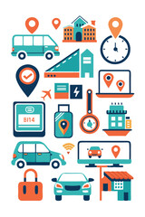 Colorful Navigation and Travel Icons Set on White Background