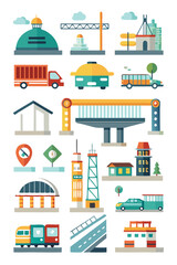 Colorful Cityscape Elements Illustration: Buildings, Vehicles and Landmarks