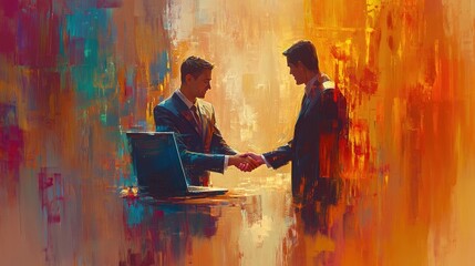 Two men are engaged in a friendly discussion at a modern office workspace.