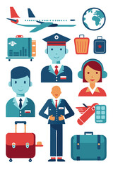 Travel Industry Personnel and Luggage Icons Vector Illustration