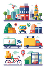 City Delivery Vector Illustration with Various Transportation Methods