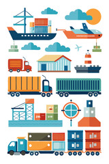 Global Logistics and Transportation Illustration with Boats, Trucks, Airplanes