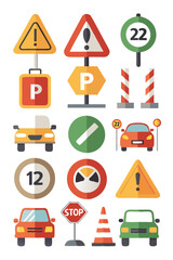 Colorful Cartoon Style Traffic Signs and Vehicles Collection