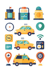 Cartoon Travel Icons: Taxi, Fire Hydrant, and Locations