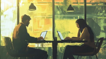 A bright, modern workspace featuring two professionals engaged in conversation at a wooden table