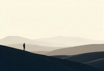 Silhouette of a man, standing on a hill with a mountain range in the background, black and white