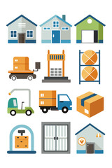 Warehouse Distribution Icons: Facilities, Vehicles, and Storage Equipment
