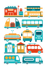 Colorful Flat Design Collection of Public Transportation Vehicles