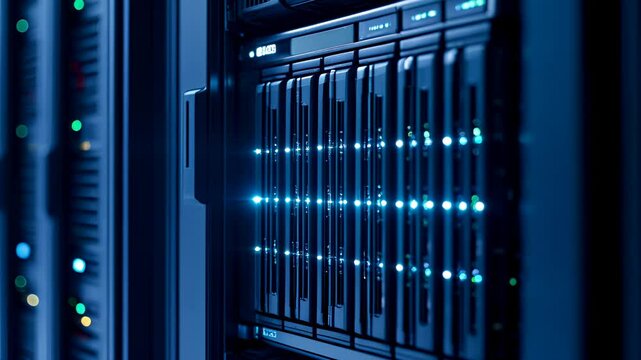 Close-up of Server Rack with SSD with Blinking Lights in Modern Datacenter. Advanced Cloud Computing and Machine Learning Concept. cinematic approach. high detail. Generative Ai