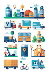 Flat Vector Icons Cityscape Transportation and Building Elements