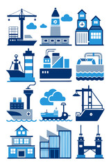 Industrial and marine themed icon graphic in blue tones