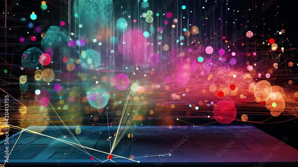 Poster dynamic visualization of scientific data processing with vibrant diagrams and colorful patterns, sci