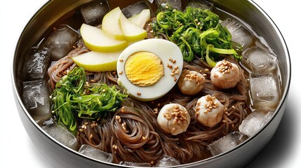 Korean Food:A refreshing bowl of cold noodle soup, featuring buckwheat noodles, boiled egg, sliced fruit, seaweed, meatballs, and ice.