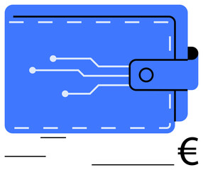 Blue wallet with electronic circuit lines and clasp, representing digital transactions. Ideal for finance, online payment, cryptocurrency, fintech, e-commerce, secure transfer economy. Minimal flat