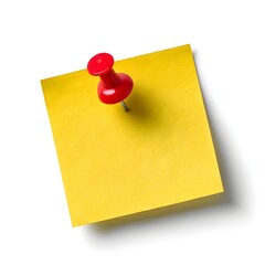 Yellow sticky note attached with a red push pin on white isolated on white background