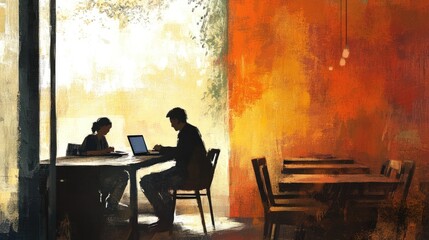 A bright, modern workspace featuring two professionals engaged in conversation at a wooden table