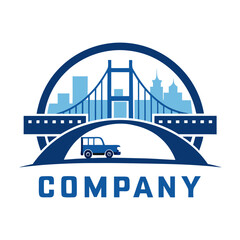Automotive Company Logo with Cityscape and Bridge Illustration