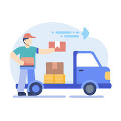 Delivery truck unloads boxes, delivering goods to customer