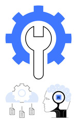 Wrench inside gear, AI brain, cloud with documents. Ideal for technology, automation, problem-solving, machine learning, innovation data management and technical development. Flat simple metaphor
