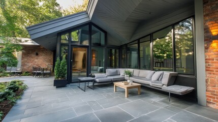 Modern patio with angular overhang and slate tiles  
