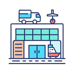 Colorful illustration of transportation vehicles at a warehouse