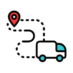 Delivery truck icon, route planner, navigation on black