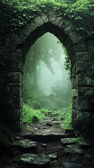 An ancient stone archway overgrown with ivy l