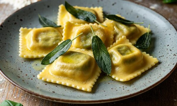Delicious ravioli pasta with sage leaves on plate
