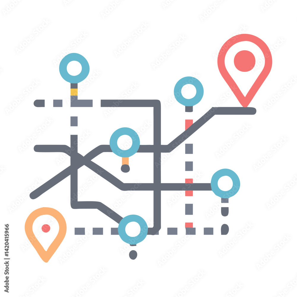 Poster simple location map with pins and dashed lines