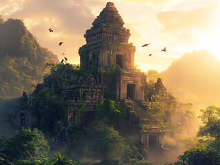 An ancient stone temple partially overgrown w