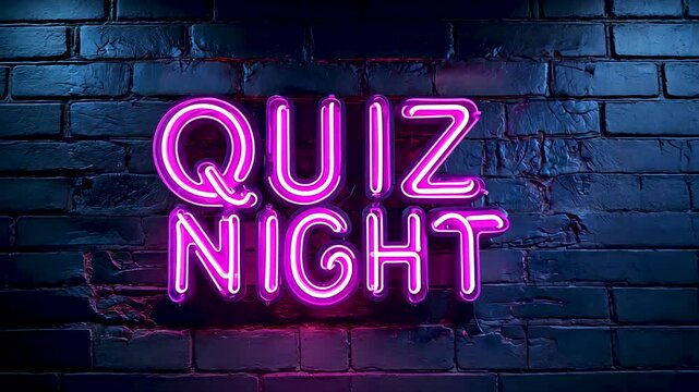Bright neon quiz night sign glowing on dark brick wall in nighttime setting
